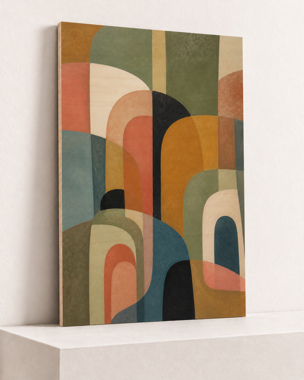 translucent-arches-wood-print, largest 70×100cm unframed10mm lined plywood, horizontal grain, raised warm platform, angle photograph