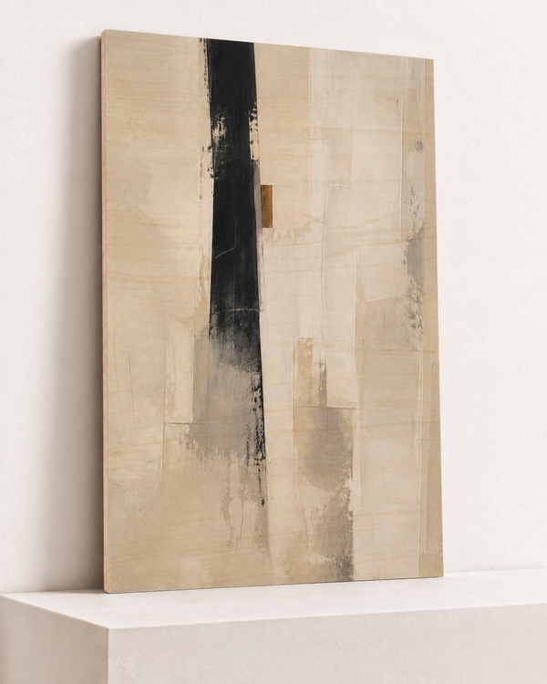 two-presences-wood-print, largest 70×100cm unframed10mm lined plywood, horizontal grain, raised warm platform, angle photograph