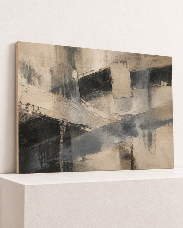 weather-line-wood-print, largest 100×70cm unframed10mm lined plywood, horizontal grain, raised warm platform, angle photograph