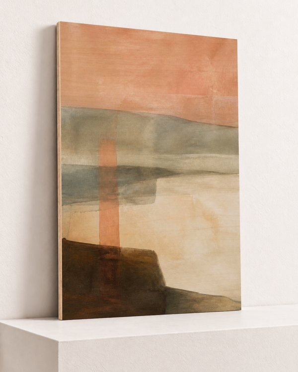 low-horizon-wood-print, largest 70×100cm unframed10mm lined plywood, horizontal grain, raised warm platform, angle photograph