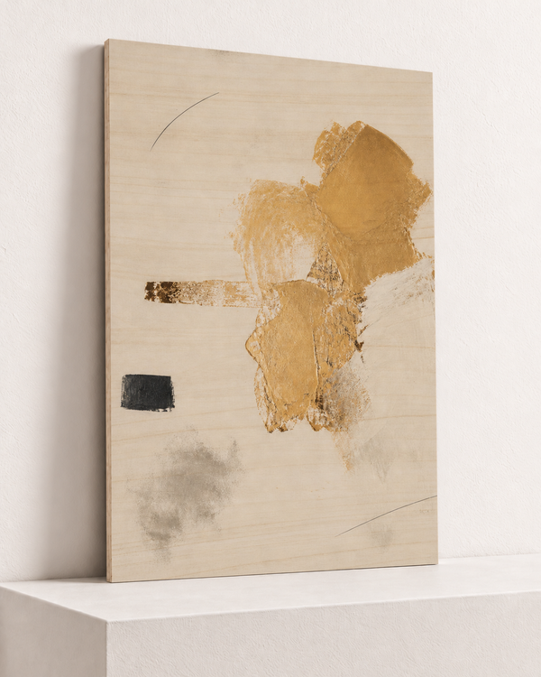 material-cluster-wood-print, largest 70×100cm unframed10mm lined plywood, horizontal grain, raised warm platform, angle photograph