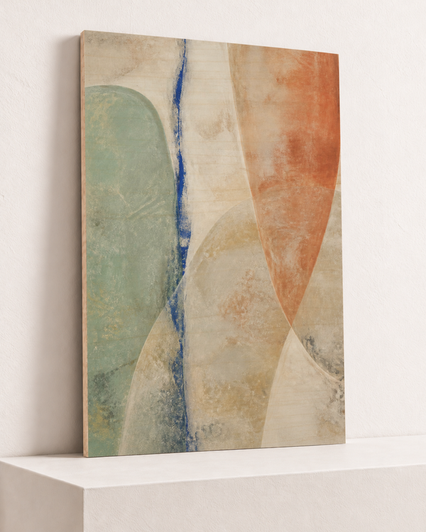 mineral-air-wood-print, largest 70×100cm unframed10mm lined plywood, horizontal grain, raised warm platform, angle photograph