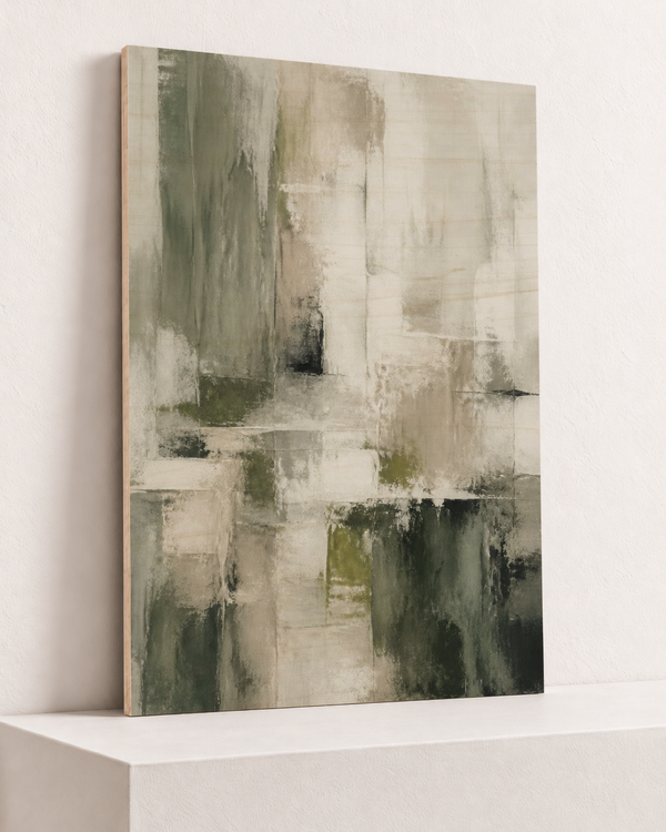 mist-ledger-wood-print, largest 70×100cm unframed10mm lined plywood, horizontal grain, raised warm platform, angle photograph