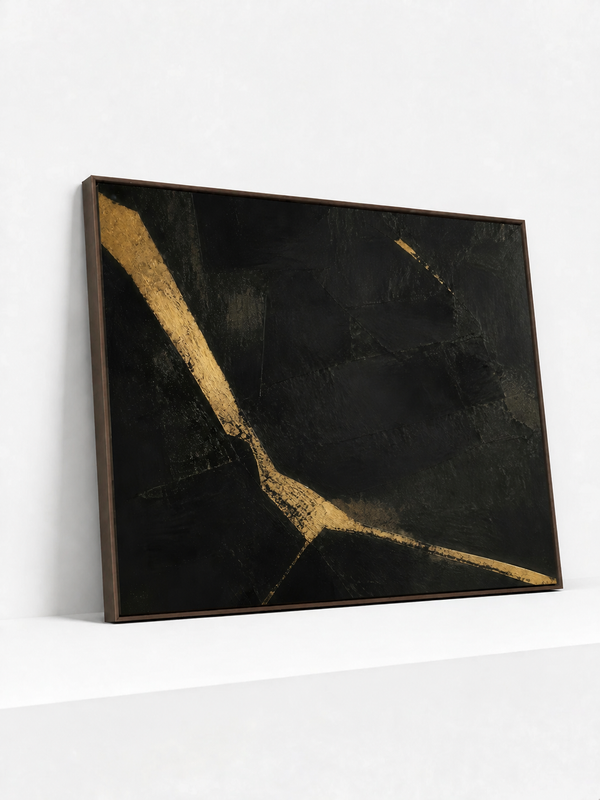 Black Fissure Wooden Framed | Gold Abstract Wall Art