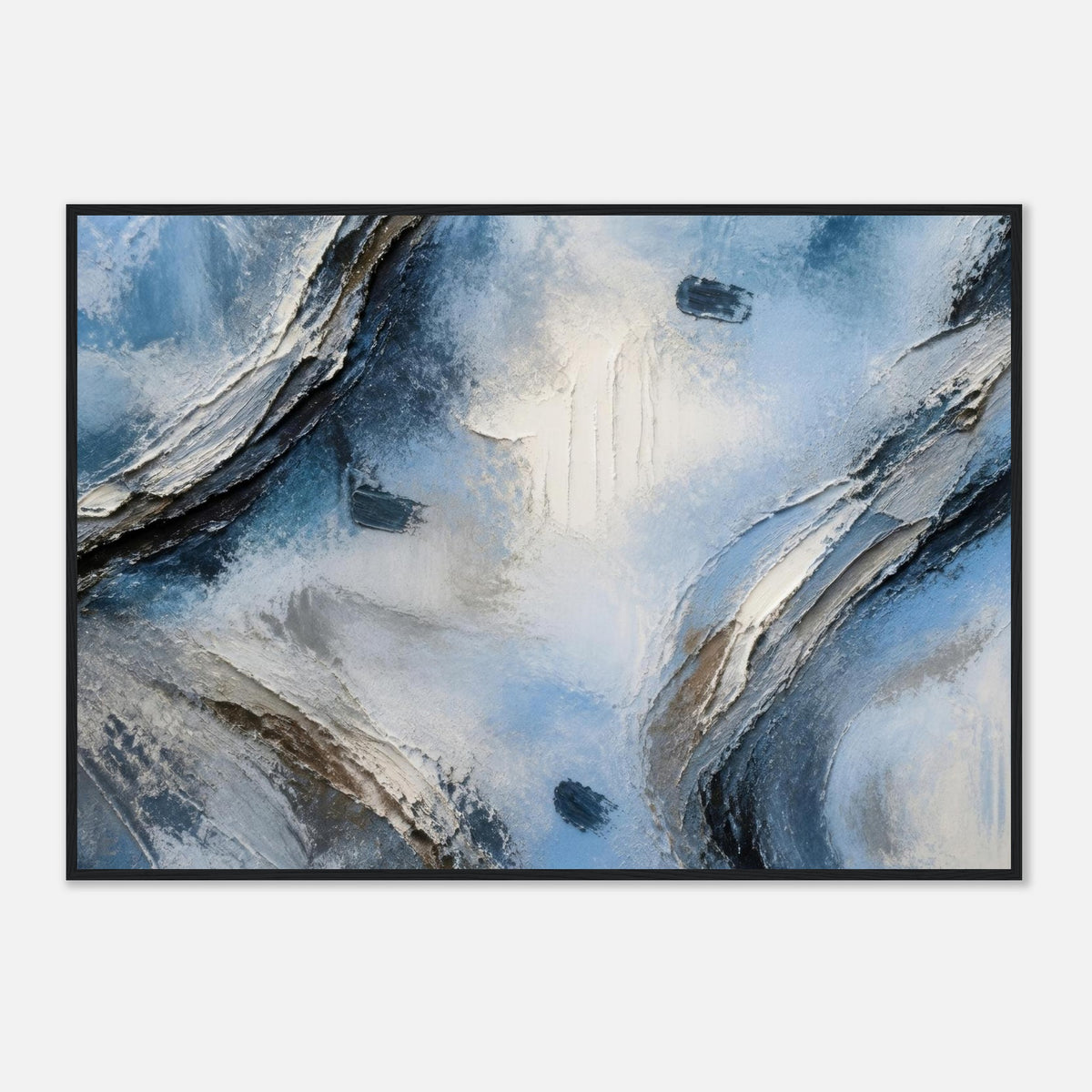 Atmospheric Shelf, blue wall art, 70x100 cm in a black frame