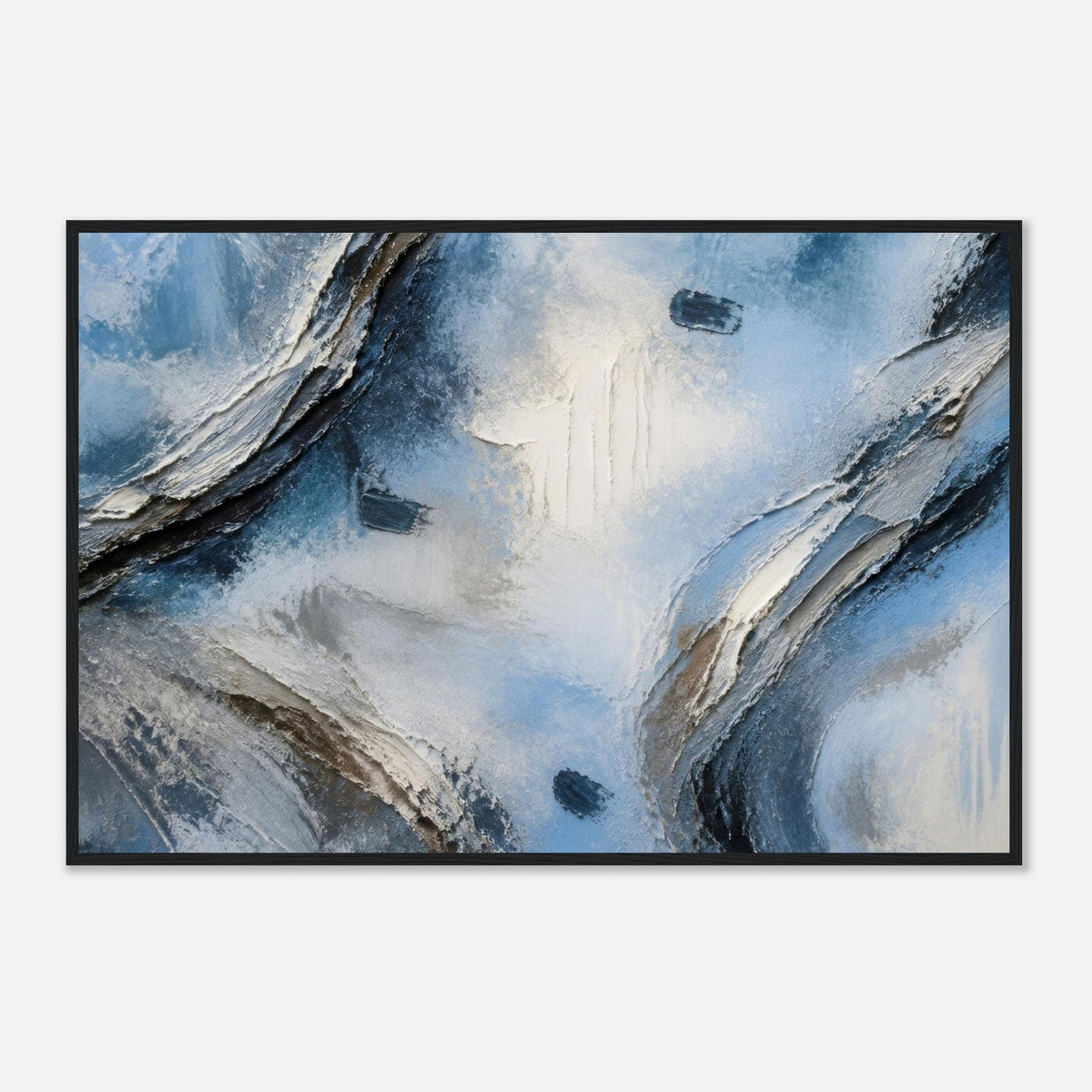 Atmospheric Shelf, blue wall art, 60x90 cm in a black frame