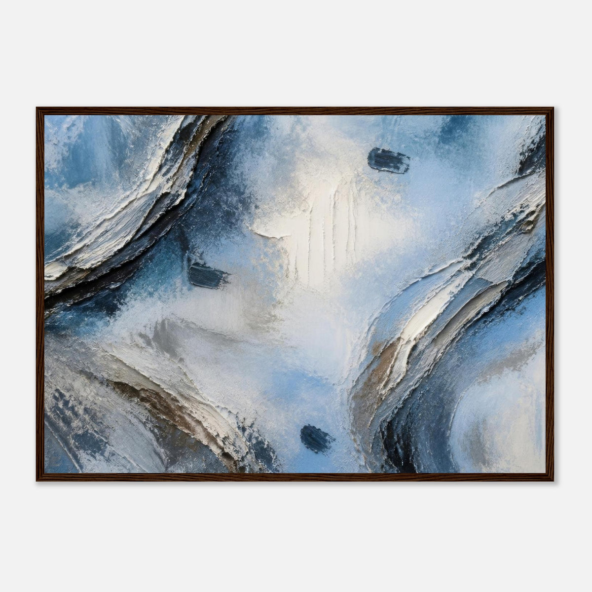 Atmospheric Shelf, blue wall art, 50x70 cm in a dark wood frame