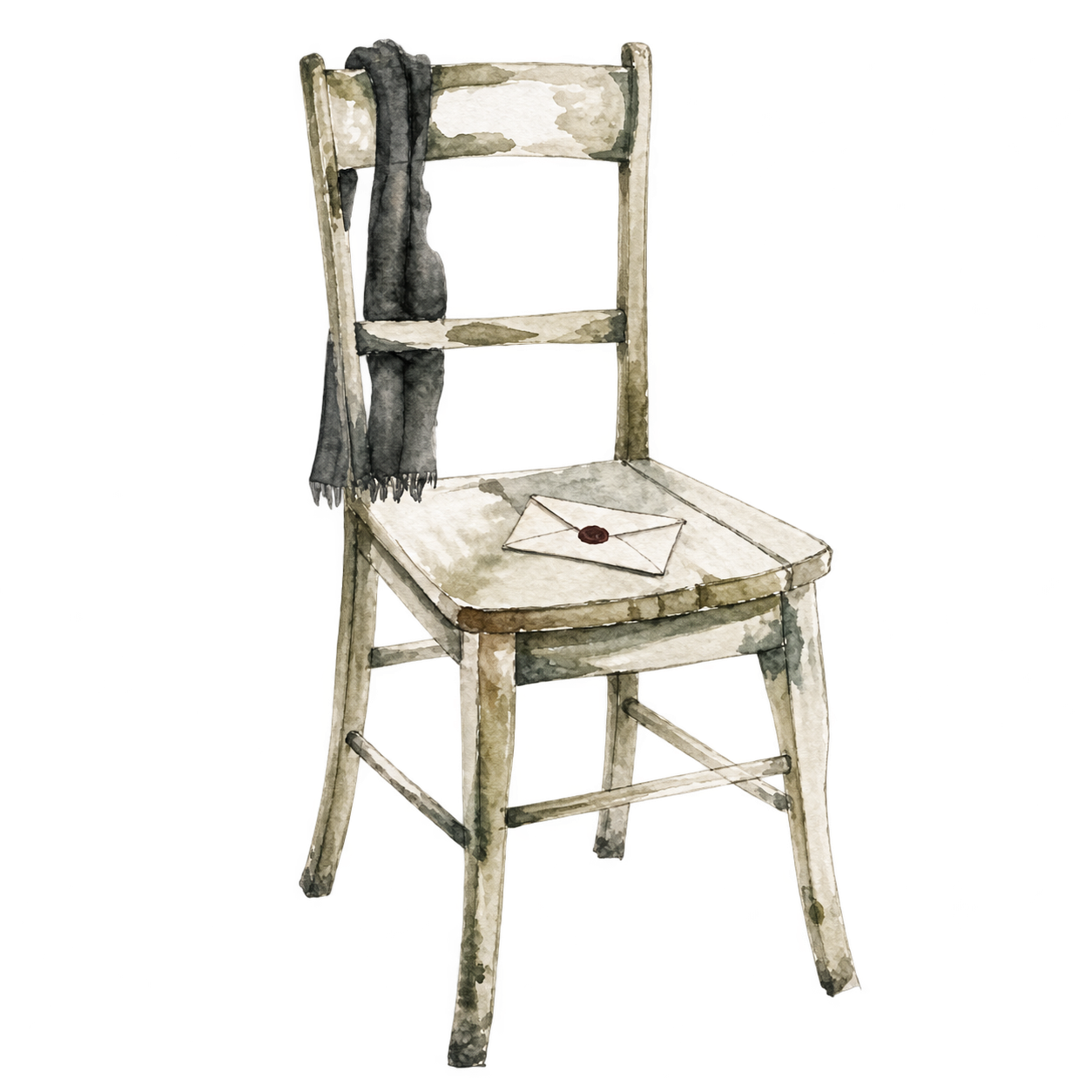 Watercolour drawing of a chair with a letter on the seat
