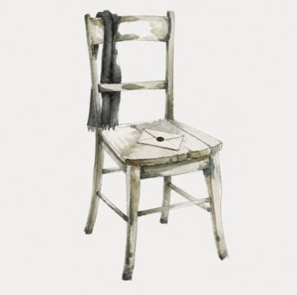 Watercolour drawing of a chair with a letter on the seat